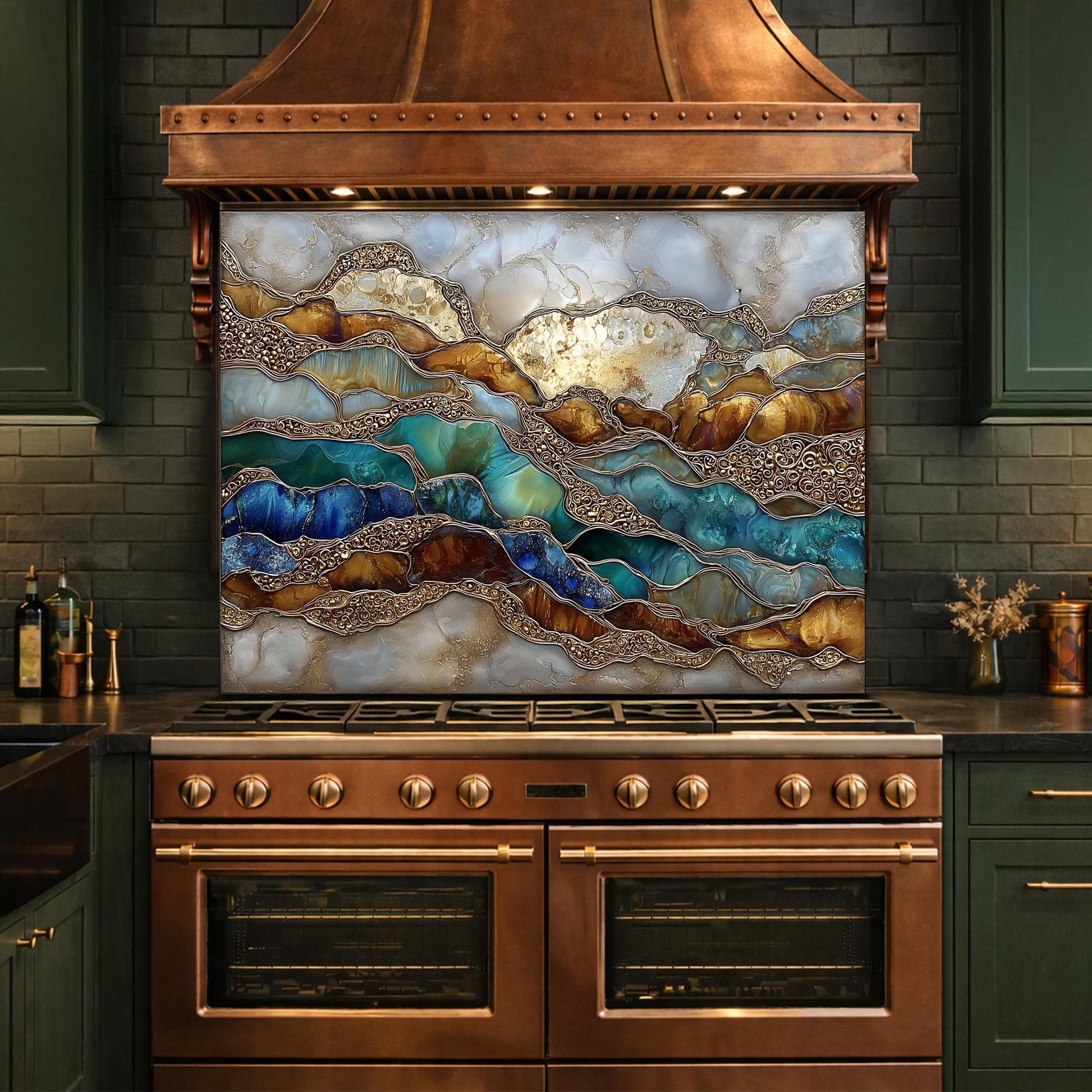 Abstract Marble Wave Glass Kitchen Backsplash Panel, Blue Gold Stone Art Decor