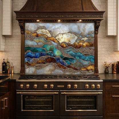 Abstract Marble Wave Glass Kitchen Backsplash Panel, Blue Gold Stone Art Decor