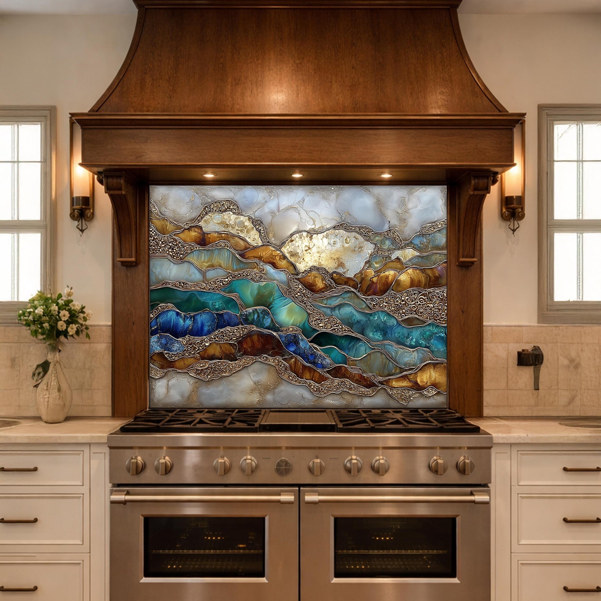Abstract Marble Wave Glass Kitchen Backsplash Panel, Blue Gold Stone Art Decor