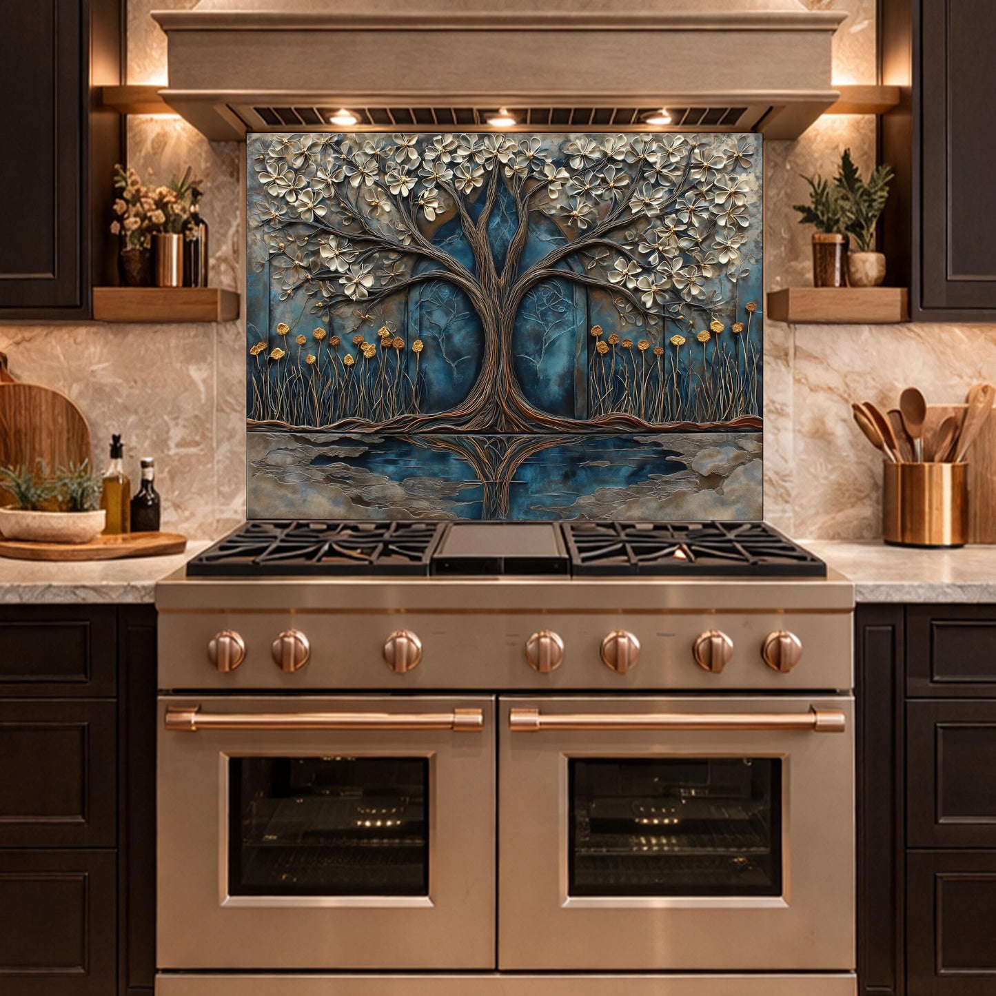 Tree of Life Blue Gold Glass Kitchen Backsplash Panel, Floral Wall Art Decor