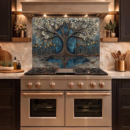 Tree of Life Blue Gold Glass Kitchen Backsplash Panel, Floral Wall Art Decor