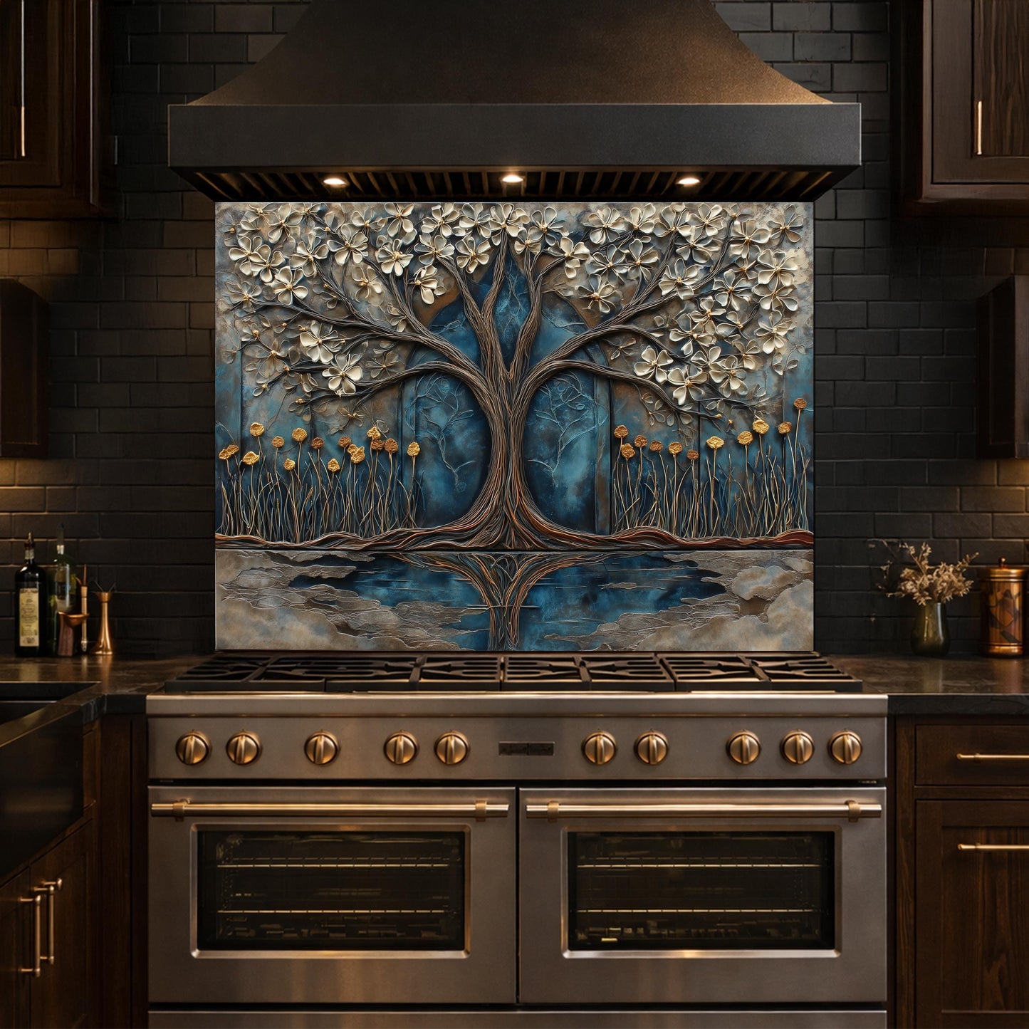 Tree of Life Blue Gold Glass Kitchen Backsplash Panel, Floral Wall Art Decor