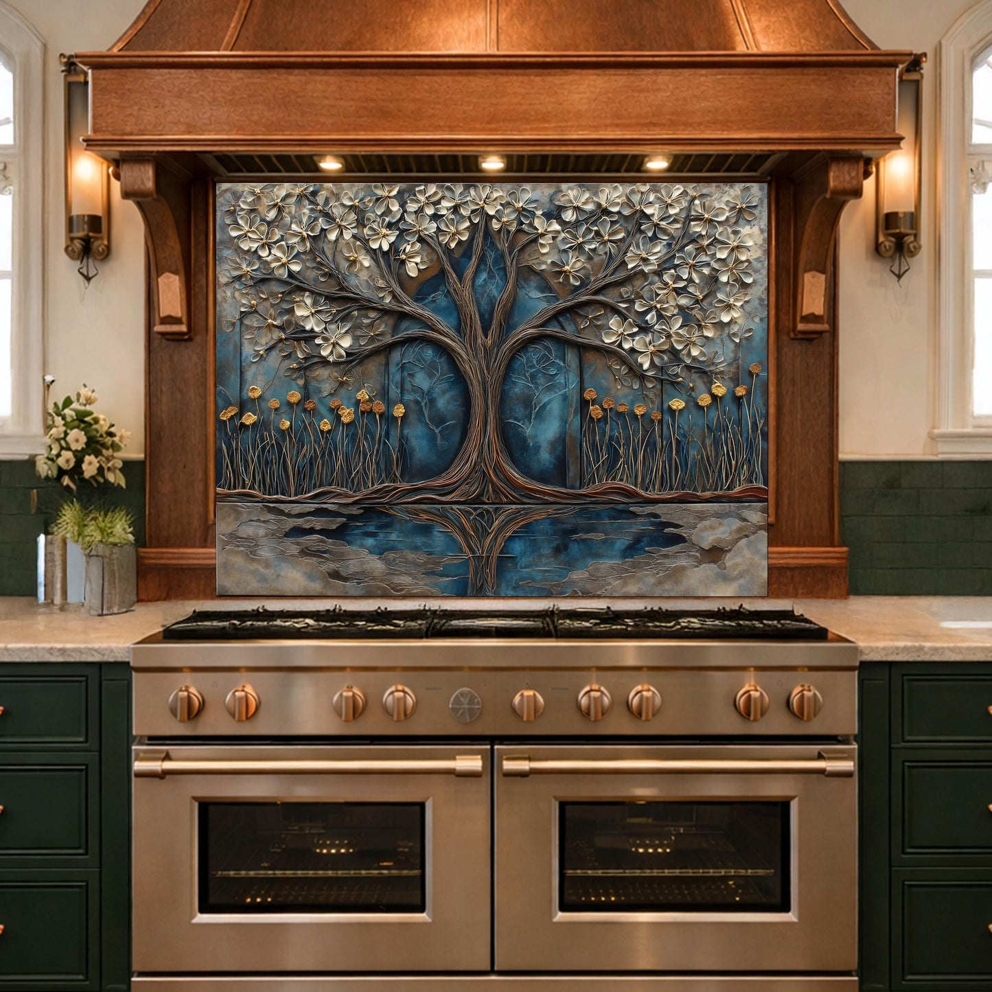 Tree of Life Blue Gold Glass Kitchen Backsplash Panel, Floral Wall Art Decor