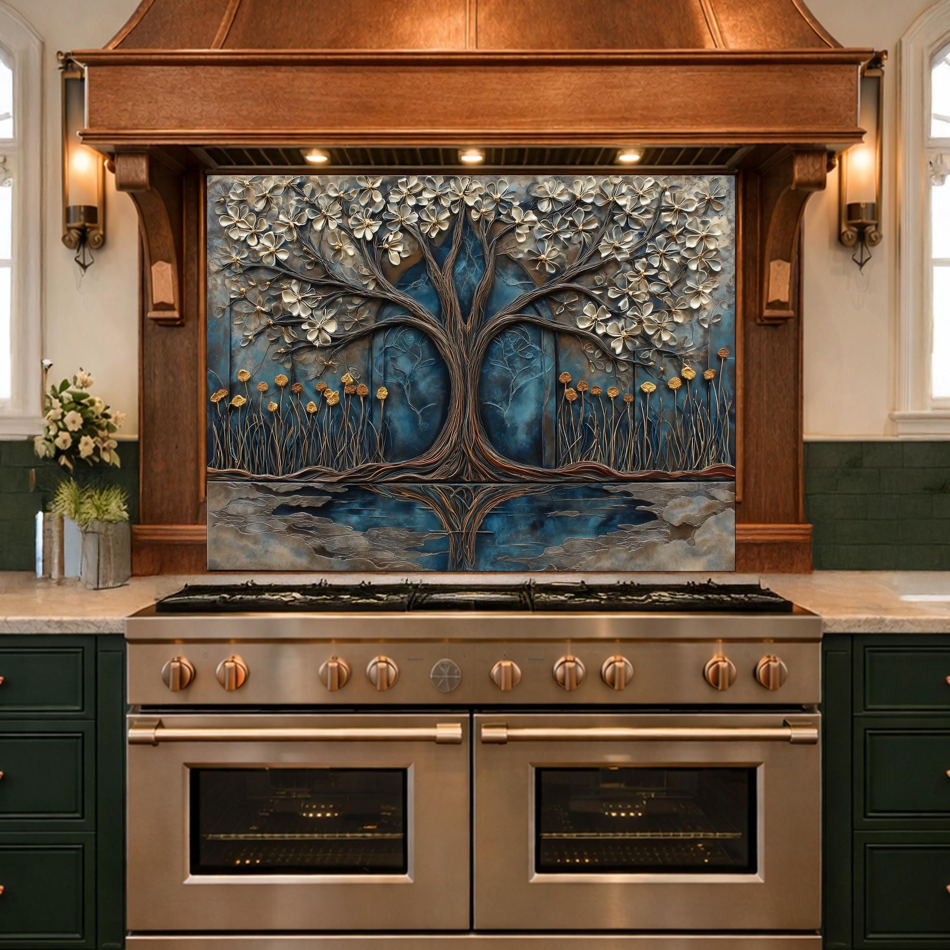 Tree of Life Blue Gold Glass Kitchen Backsplash Panel, Floral Wall Art Decor
