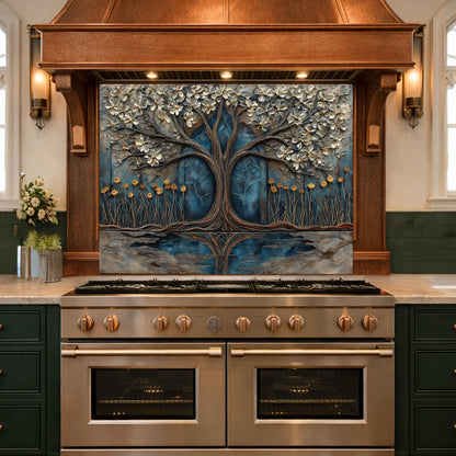 Tree of Life Blue Gold Glass Kitchen Backsplash Panel, Floral Wall Art Decor