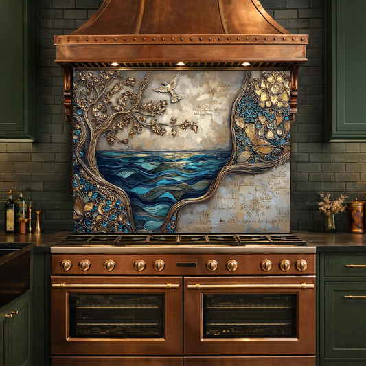 Tree and Ocean Wave Glass Kitchen Backsplash Panel, Blue Gold Wall Art Decor