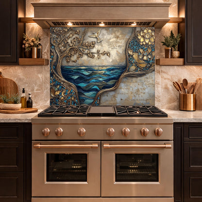 Tree and Ocean Wave Glass Kitchen Backsplash Panel, Blue Gold Wall Art Decor