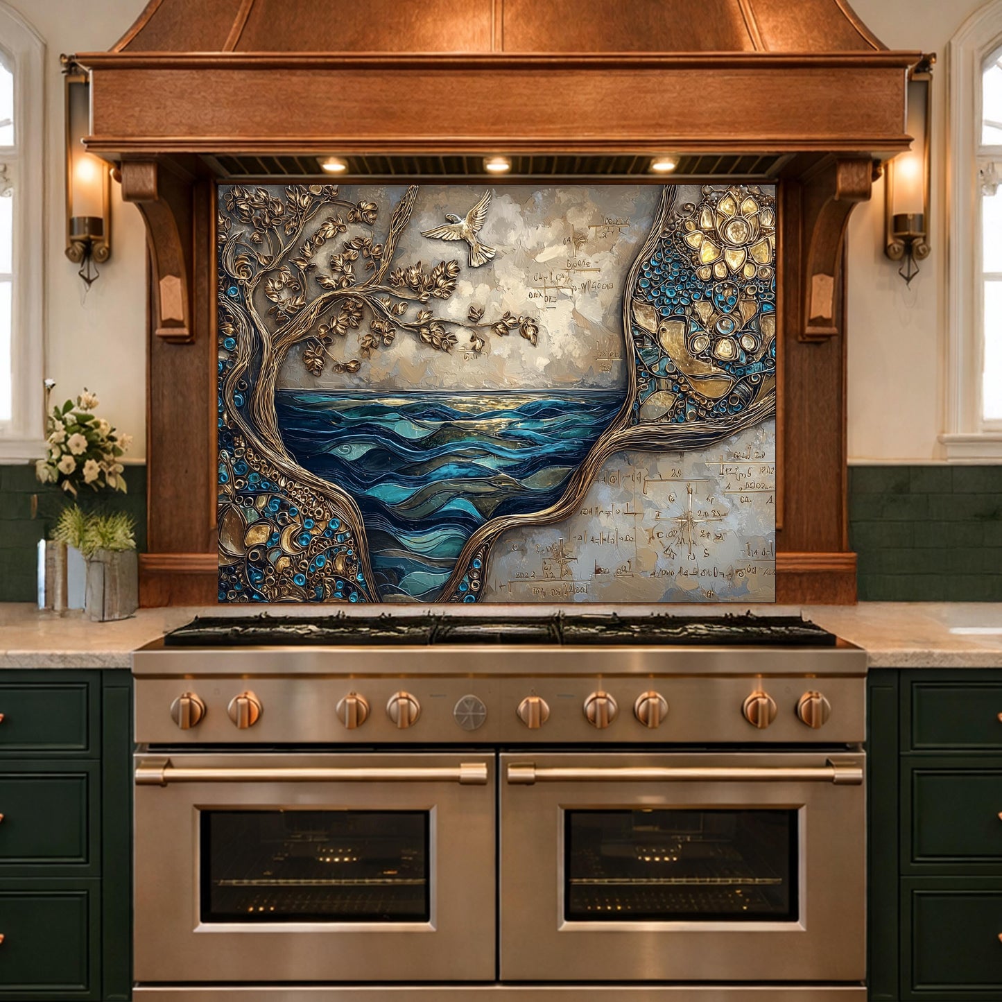Tree and Ocean Wave Glass Kitchen Backsplash Panel, Blue Gold Wall Art Decor