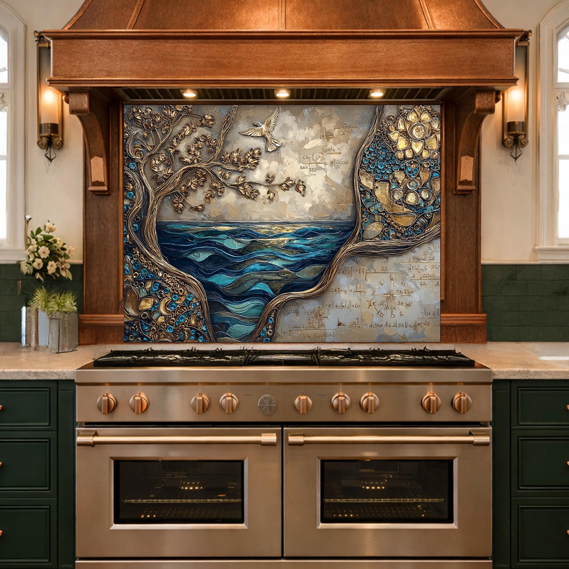 Tree and Ocean Wave Glass Kitchen Backsplash Panel, Blue Gold Wall Art Decor