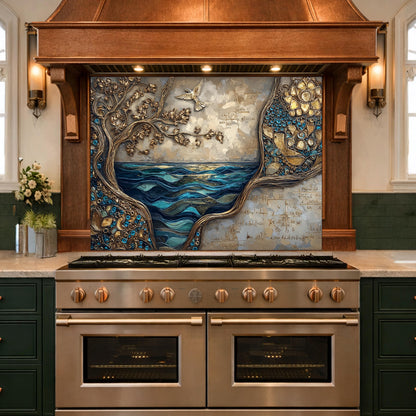 Tree and Ocean Wave Glass Kitchen Backsplash Panel, Blue Gold Wall Art Decor