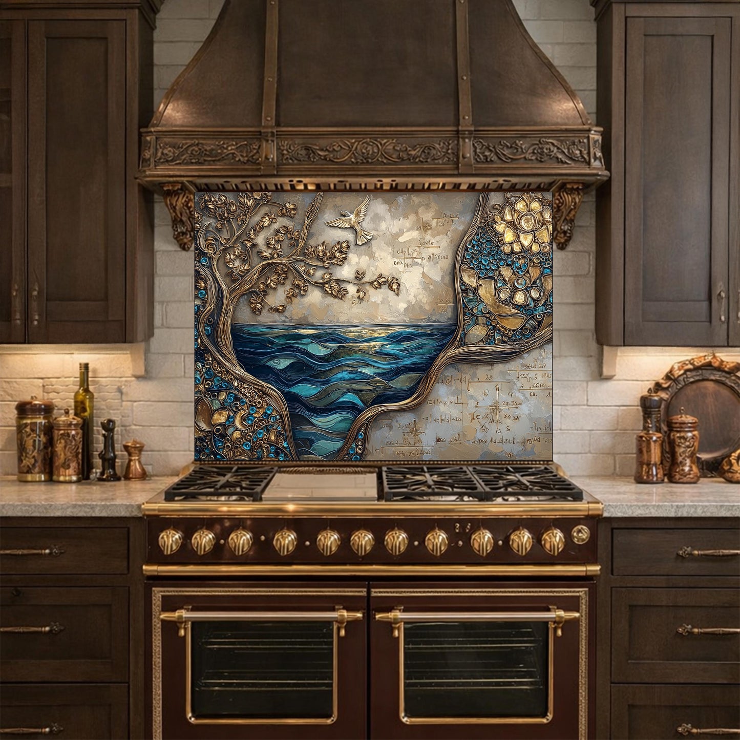 Tree and Ocean Wave Glass Kitchen Backsplash Panel, Blue Gold Wall Art Decor