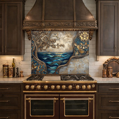 Tree and Ocean Wave Glass Kitchen Backsplash Panel, Blue Gold Wall Art Decor