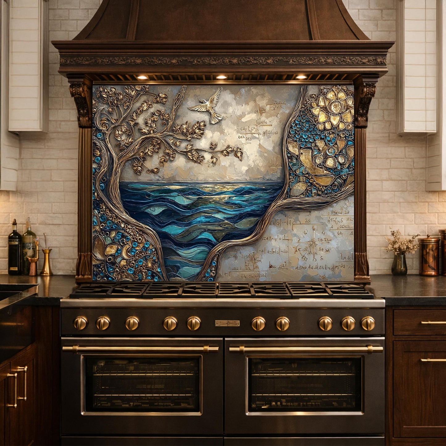Tree and Ocean Wave Glass Kitchen Backsplash Panel, Blue Gold Wall Art Decor