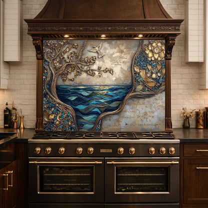 Tree and Ocean Wave Glass Kitchen Backsplash Panel, Blue Gold Wall Art Decor