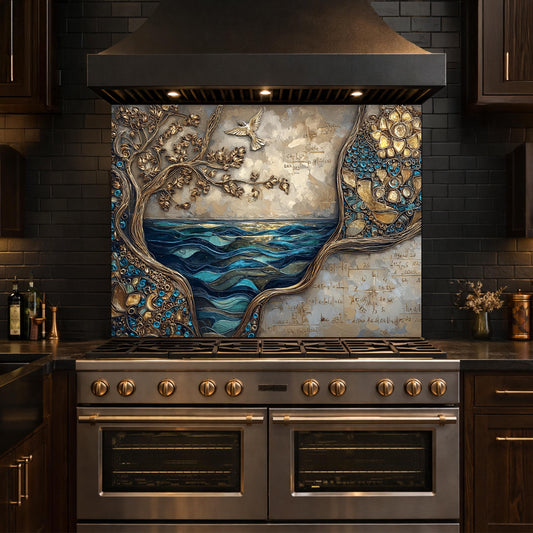 Tree and Ocean Wave Glass Kitchen Backsplash Panel, Blue Gold Wall Art Decor