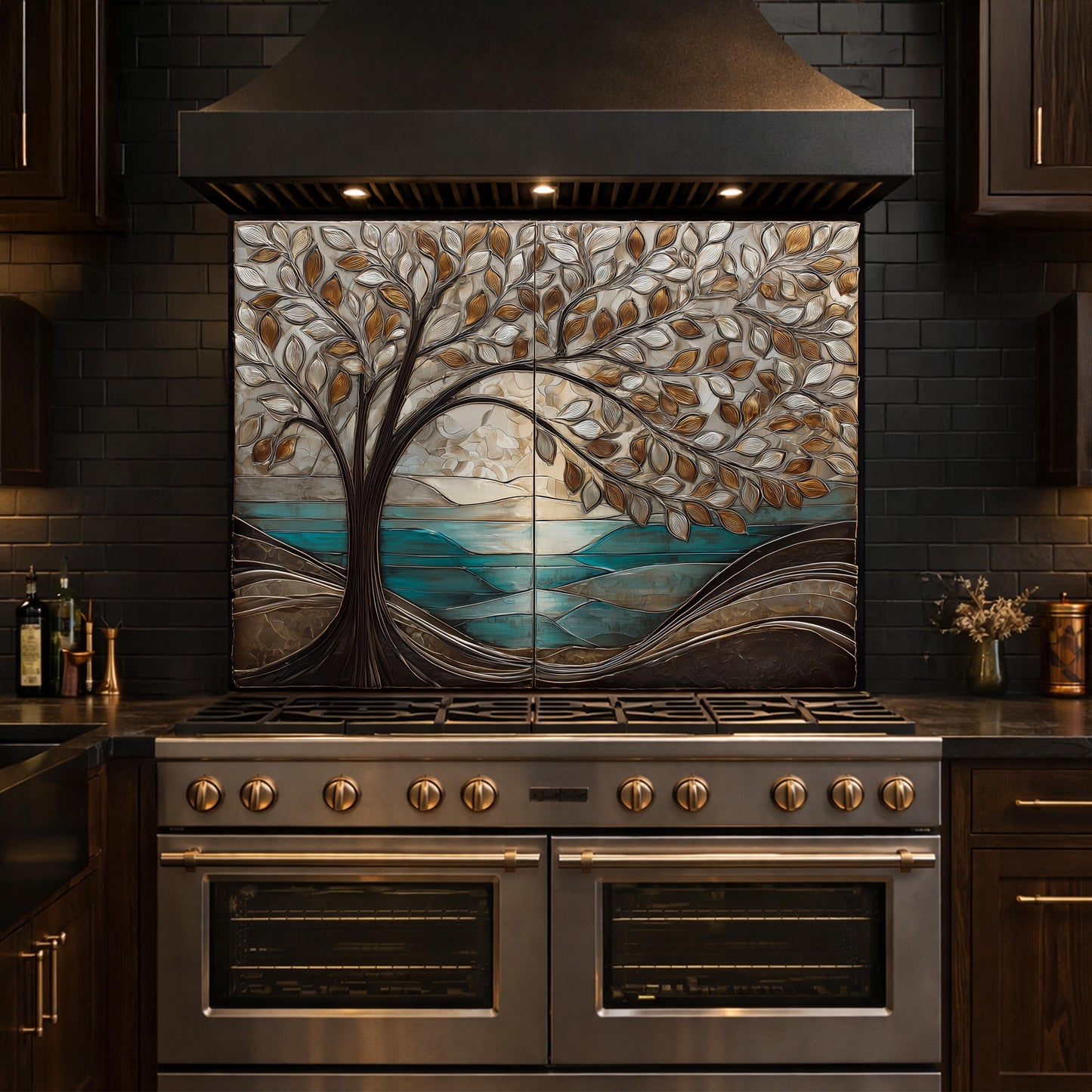 Tree Landscape Glass Kitchen Backsplash Panel, Teal Lake Nature Wall Art Decor