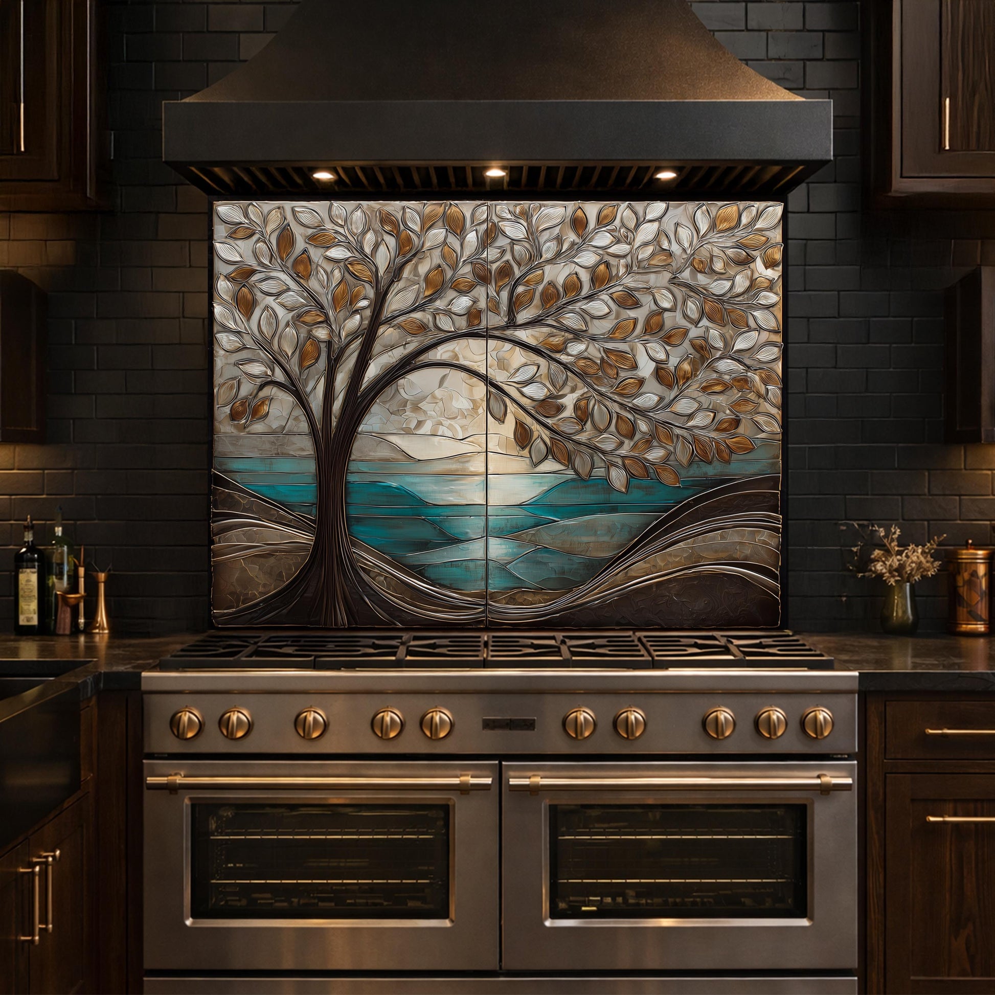 Tree Landscape Glass Kitchen Backsplash Panel, Teal Lake Nature Wall Art Decor