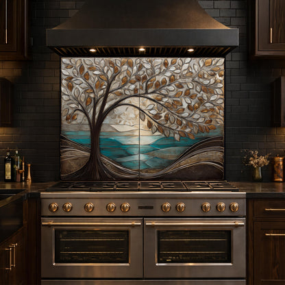 Tree Landscape Glass Kitchen Backsplash Panel, Teal Lake Nature Wall Art Decor