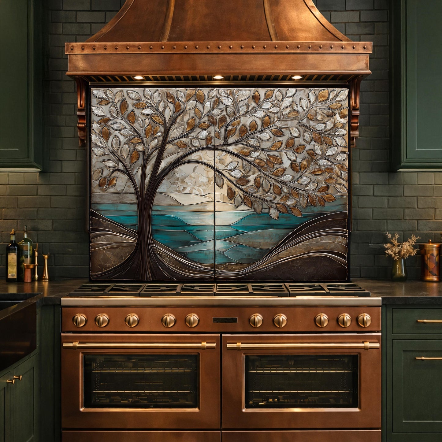 Tree Landscape Glass Kitchen Backsplash Panel, Teal Lake Nature Wall Art Decor