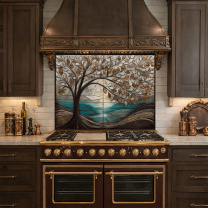 Tree Landscape Glass Kitchen Backsplash Panel, Teal Lake Nature Wall Art Decor