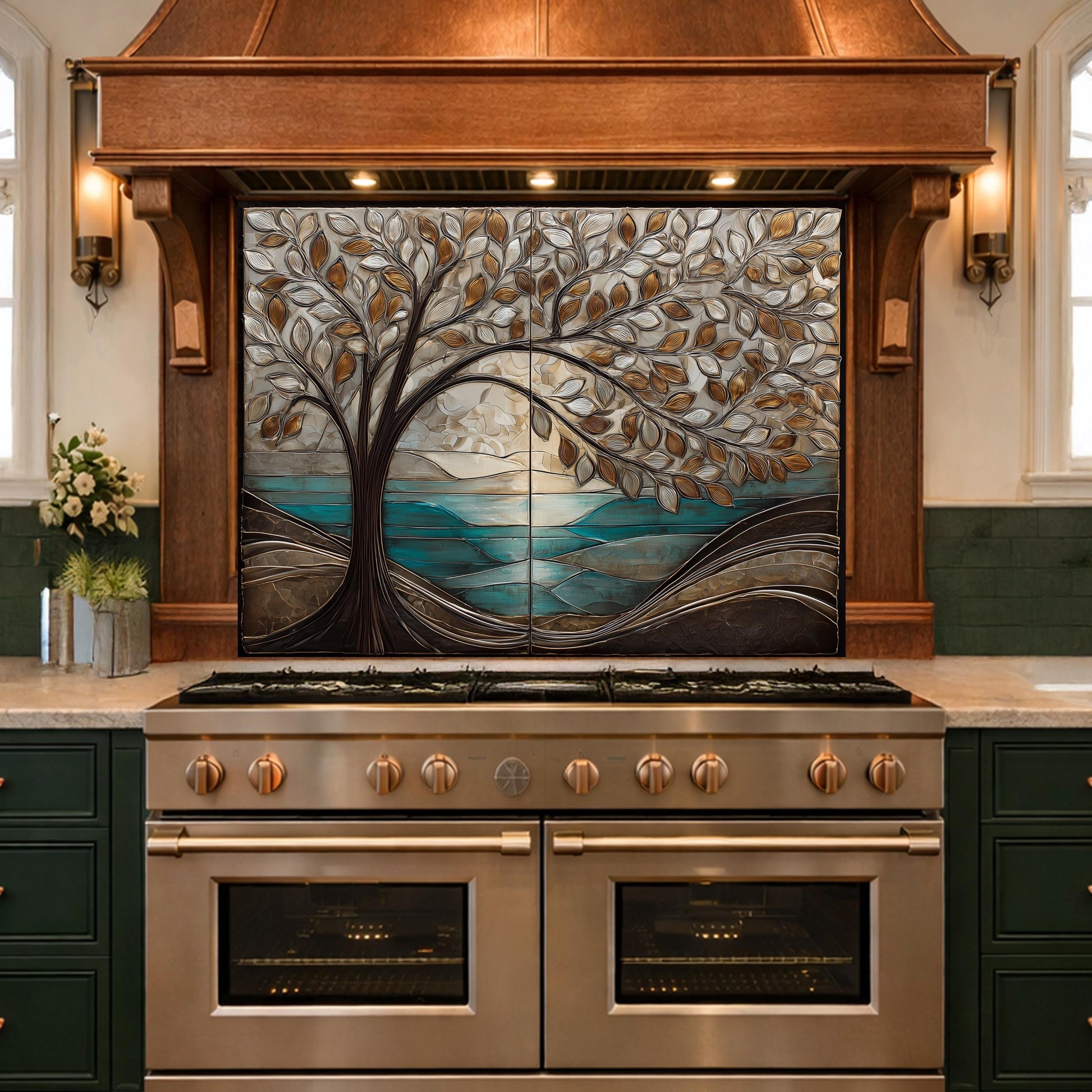 Tree Landscape Glass Kitchen Backsplash Panel, Teal Lake Nature Wall Art Decor