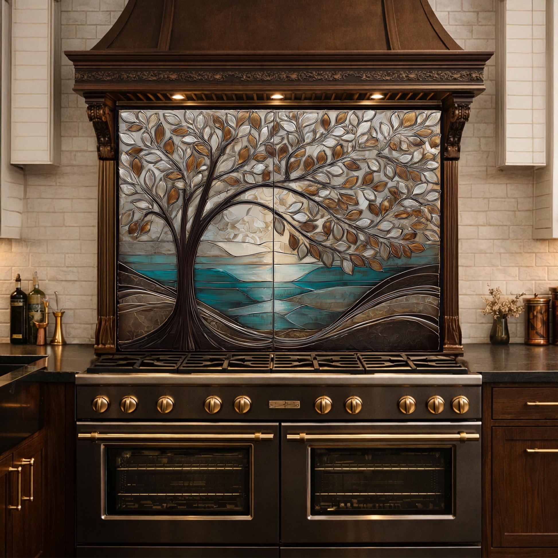 Tree Landscape Glass Kitchen Backsplash Panel, Teal Lake Nature Wall Art Decor