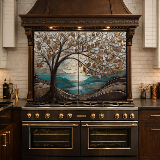 Tree Landscape Glass Kitchen Backsplash Panel, Teal Lake Nature Wall Art Decor
