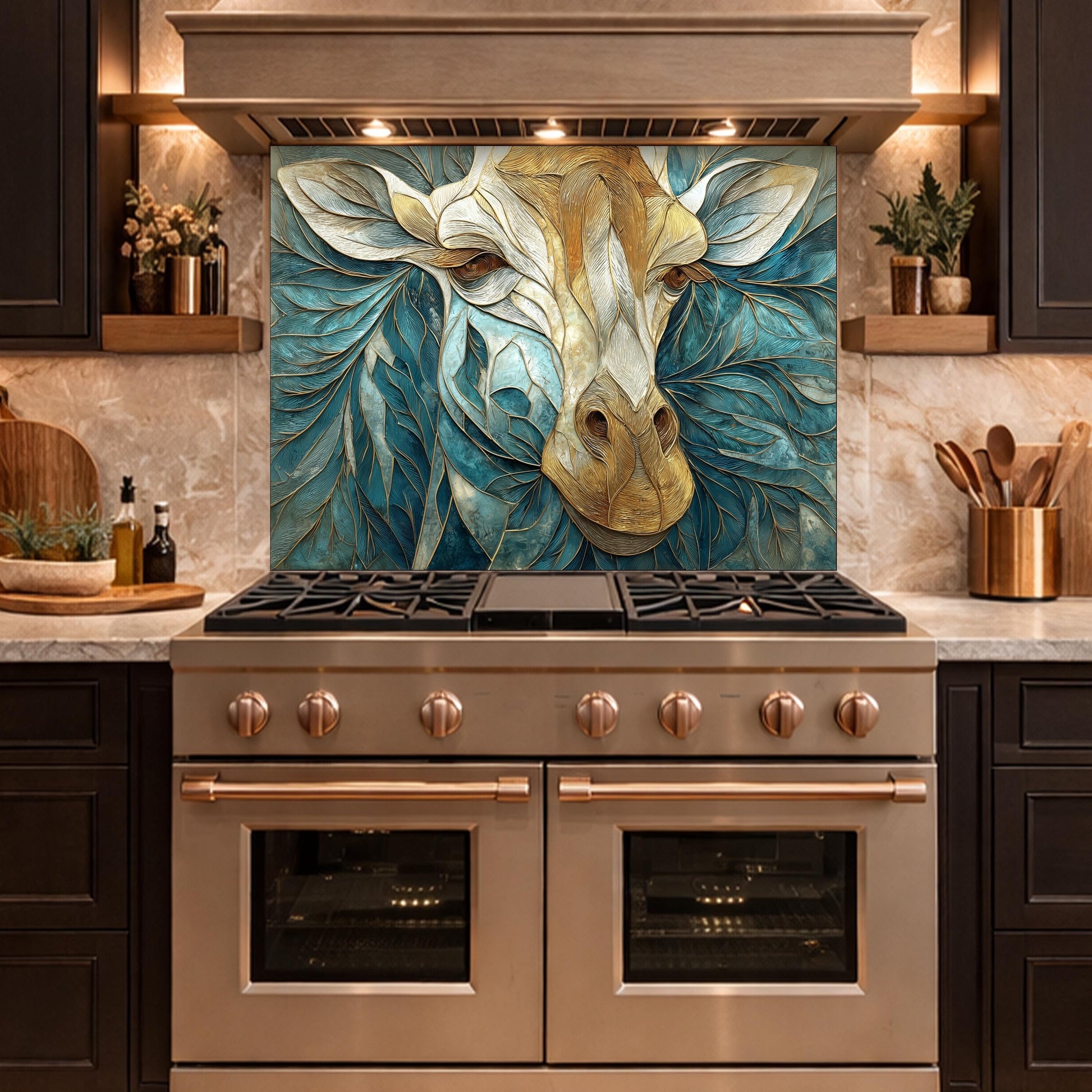 Tempered Glass Giraffe Kitchen Backsplash Panel – Teal Gold Safari Animal Stove Art