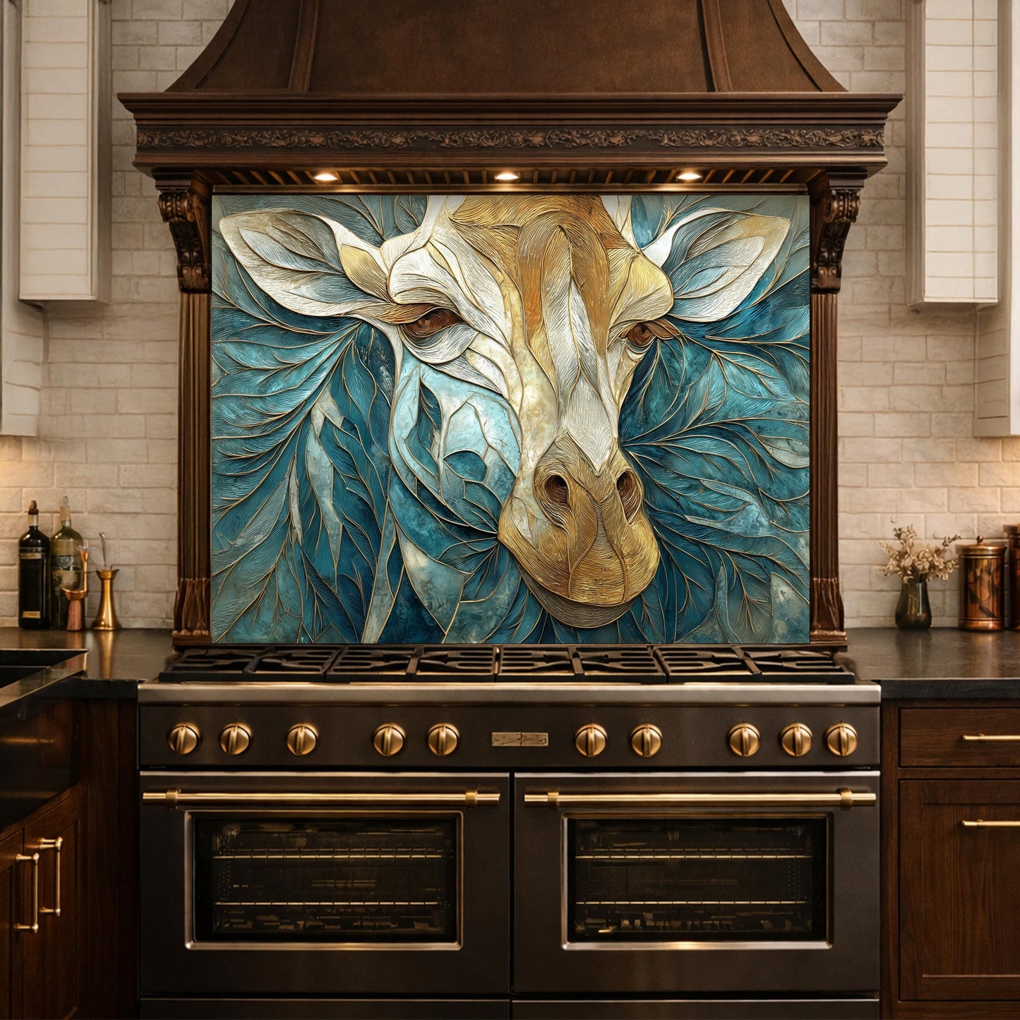 Tempered Glass Giraffe Kitchen Backsplash Panel – Teal Gold Safari Animal Stove Art