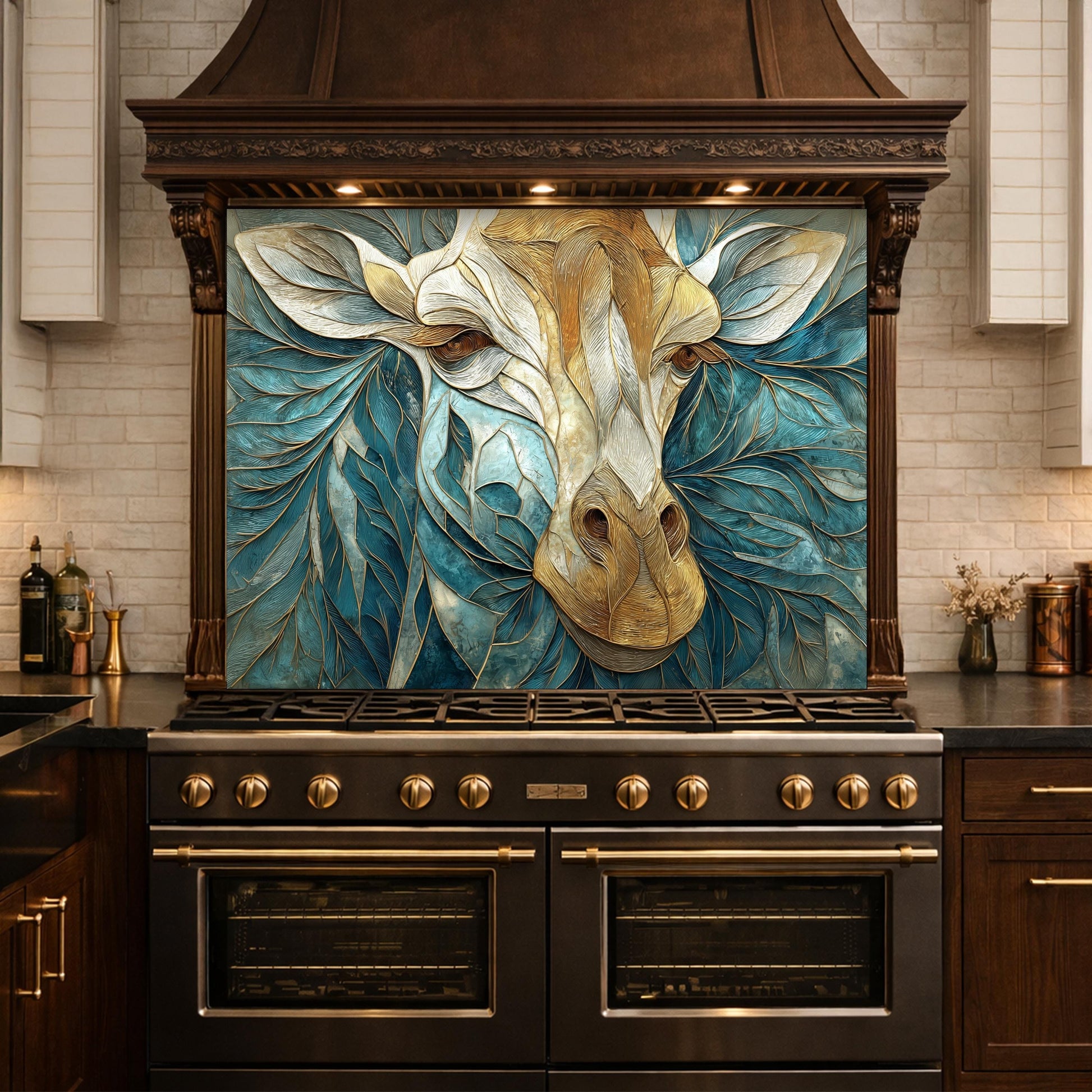 Tempered Glass Giraffe Kitchen Backsplash Panel – Teal Gold Safari Animal Stove Art