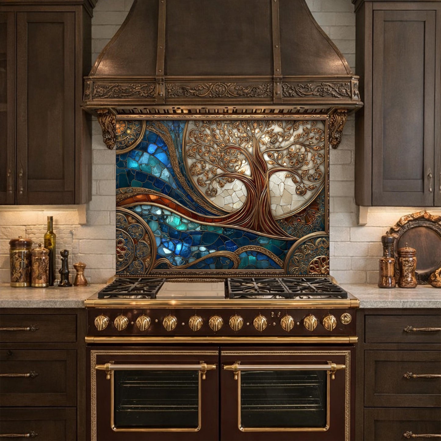 Tree of Life Copper Look Tempered Glass Kitchen Backsplash, Blue Marble Wave Stove Guard