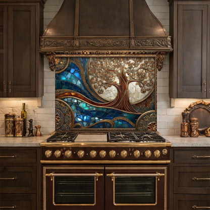 Tree of Life Copper Look Tempered Glass Kitchen Backsplash, Blue Marble Wave Stove Guard