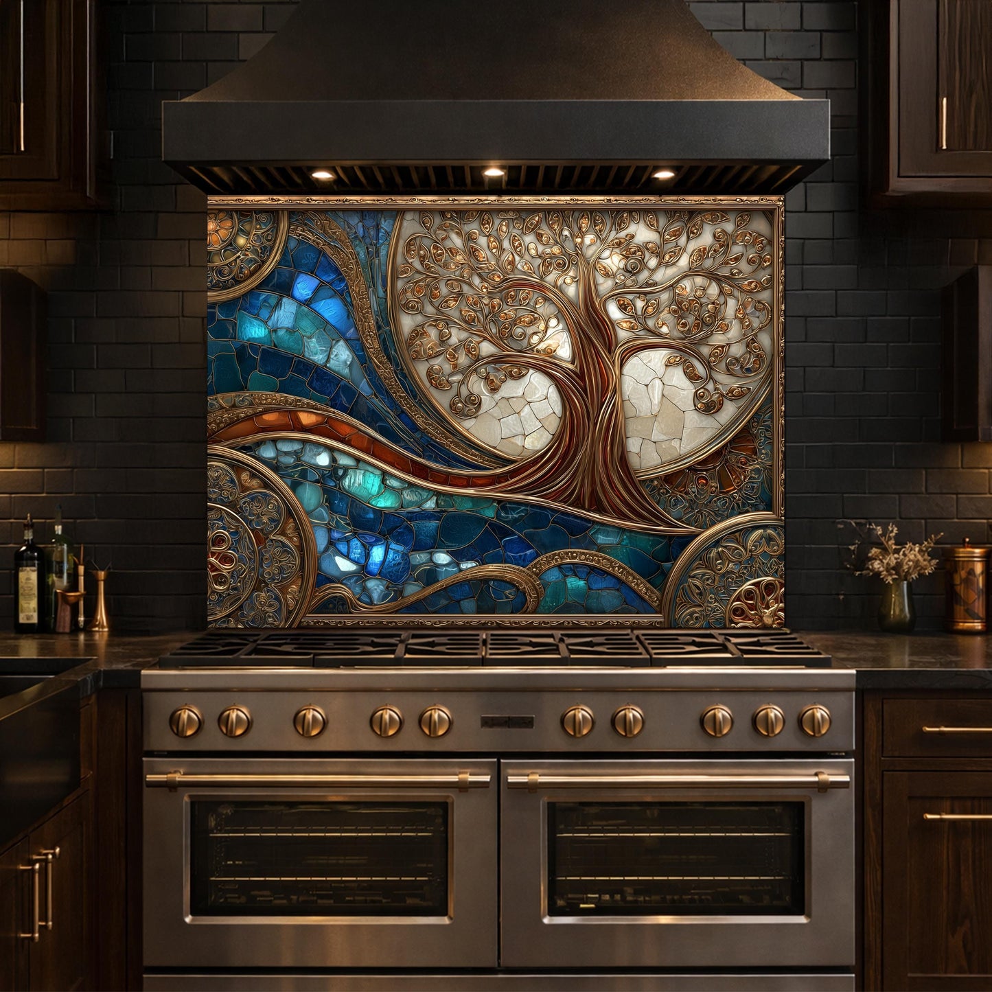 Tree of Life Copper Look Tempered Glass Kitchen Backsplash, Blue Marble Wave Stove Guard