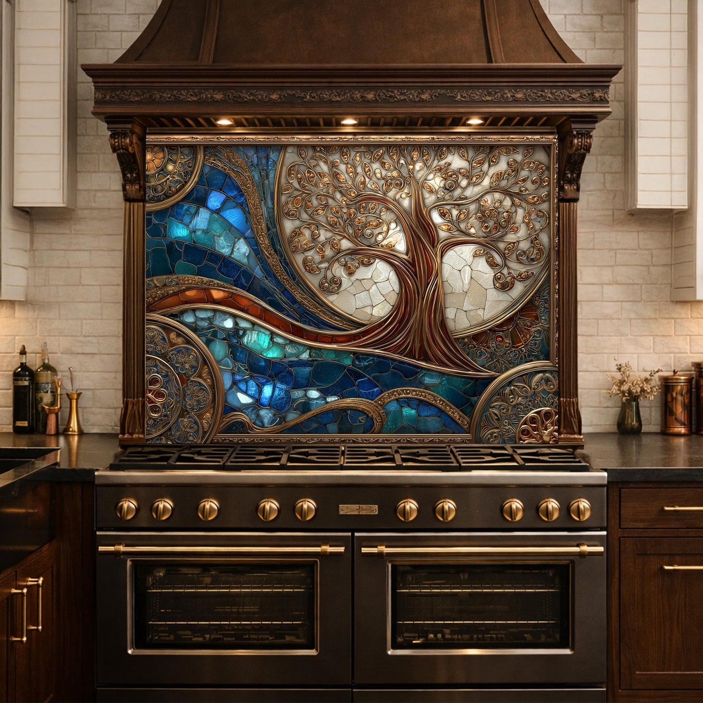 Tree of Life Copper Look Tempered Glass Kitchen Backsplash, Blue Marble Wave Stove Guard