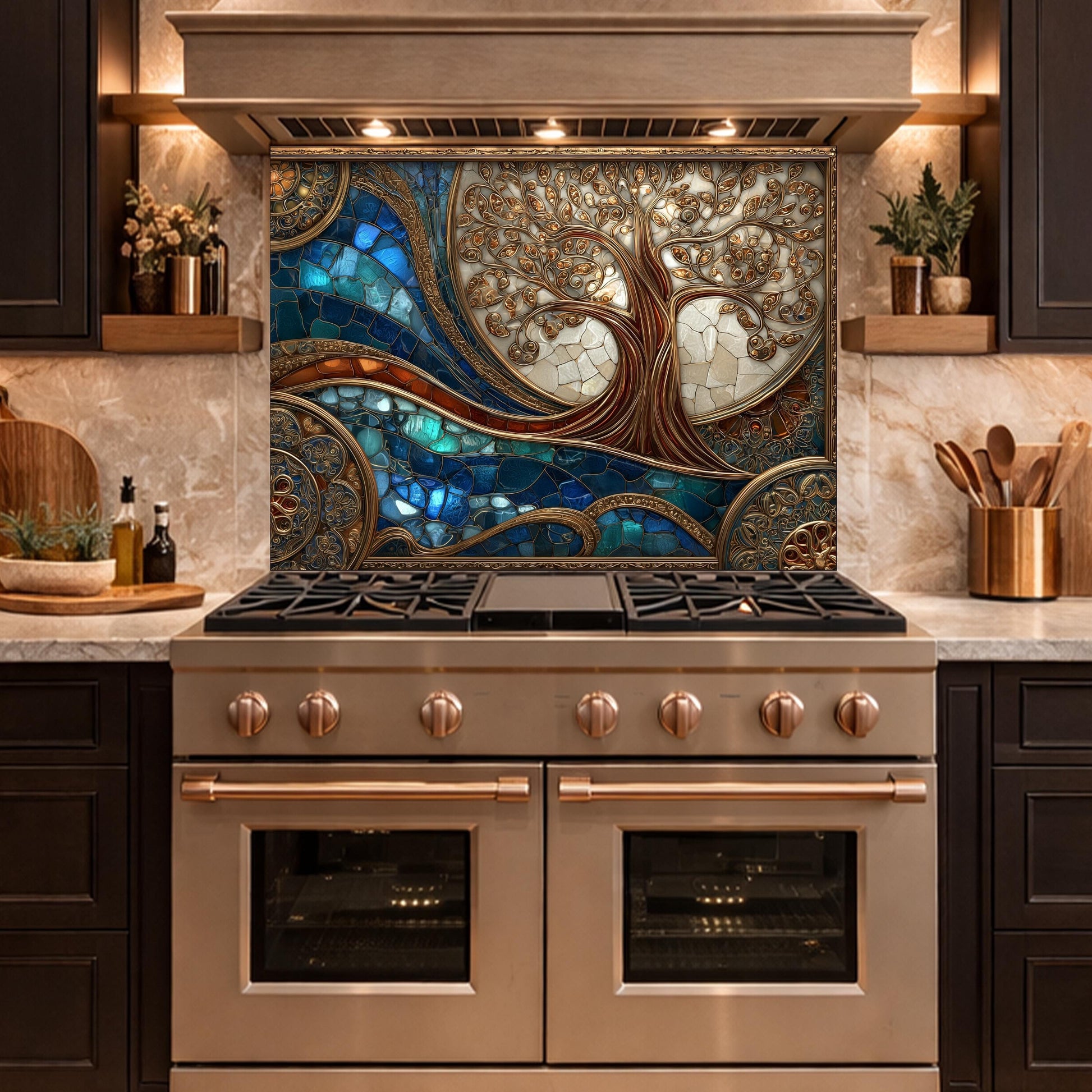 Tree of Life Copper Look Tempered Glass Kitchen Backsplash, Blue Marble Wave Stove Guard