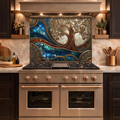 Tree of Life Copper Look Tempered Glass Kitchen Backsplash, Blue Marble Wave Stove Guard