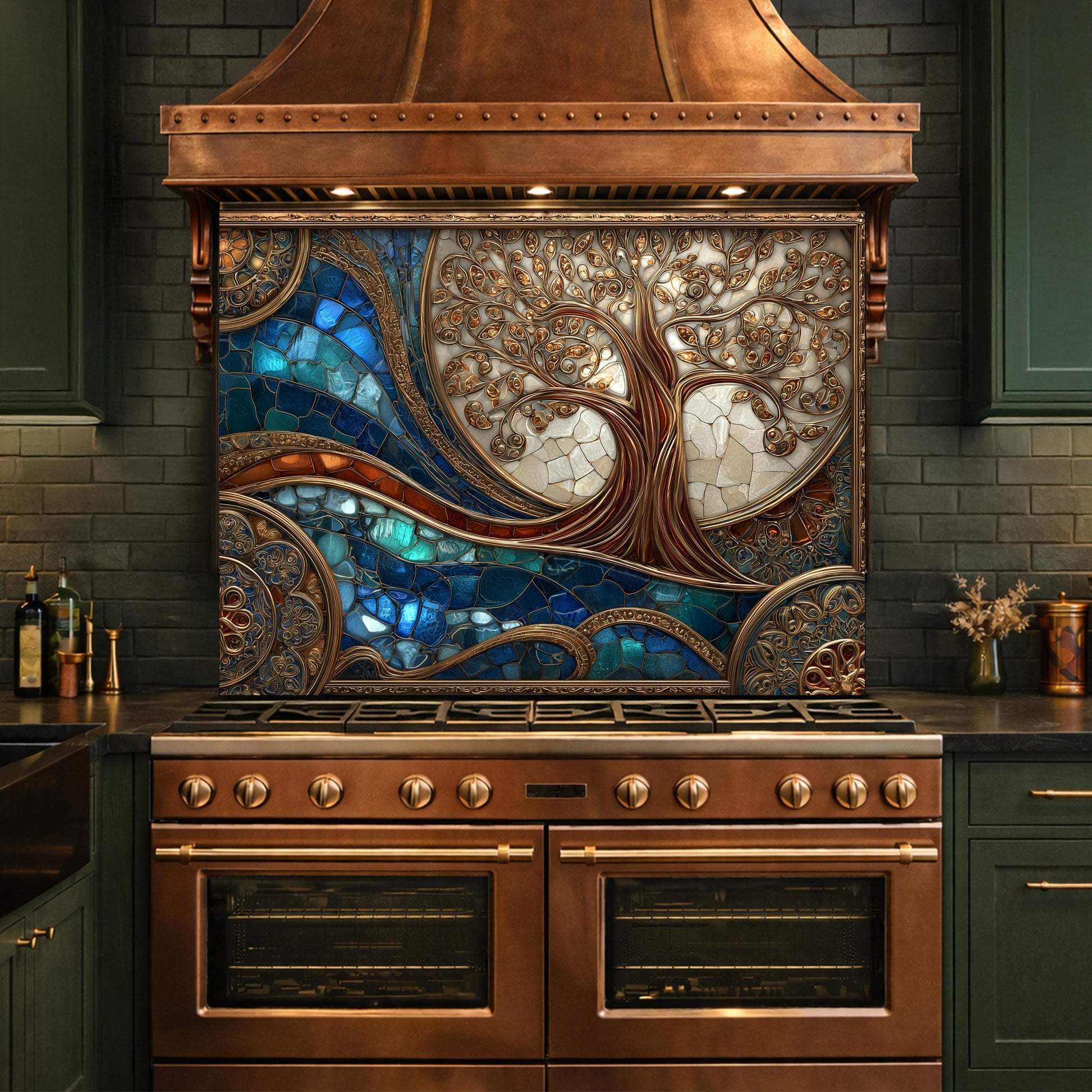 Tree of Life Copper Look Tempered Glass Kitchen Backsplash, Blue Marble Wave Stove Guard