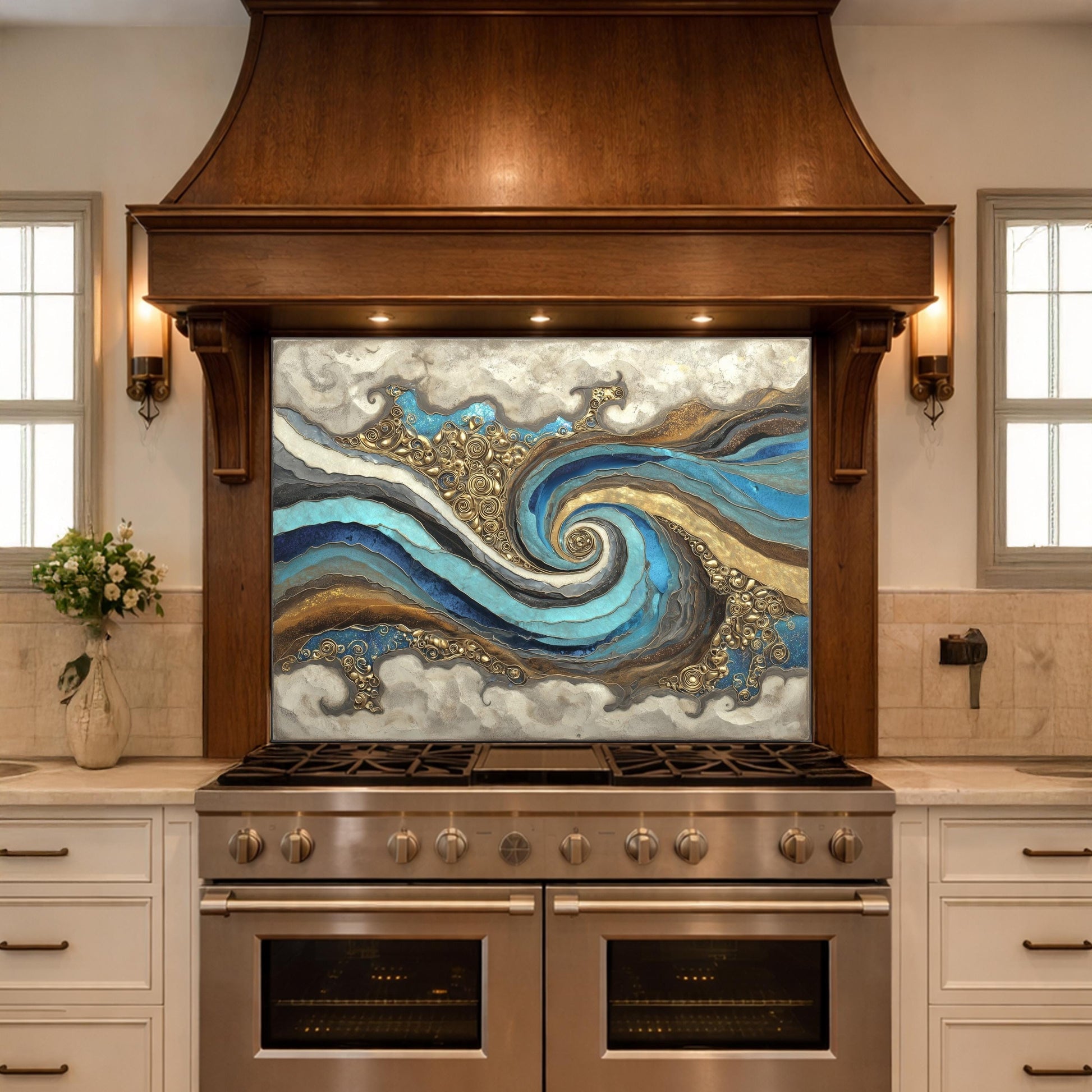 Abstract Marble Wave Tempered Glass Kitchen Backsplash, Blue Gold Swirl Art Stove Guard
