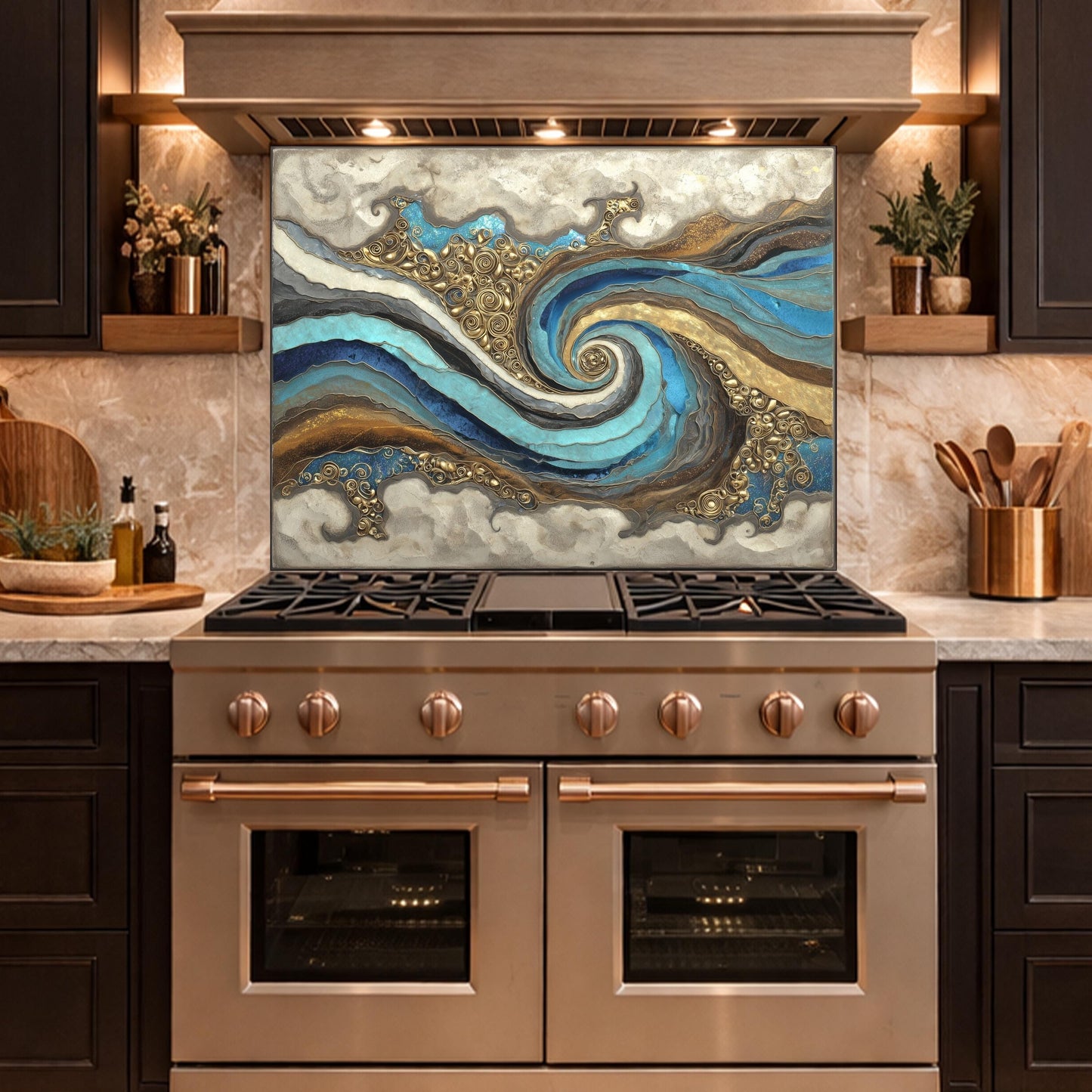 Abstract Marble Wave Tempered Glass Kitchen Backsplash, Blue Gold Swirl Art Stove Guard