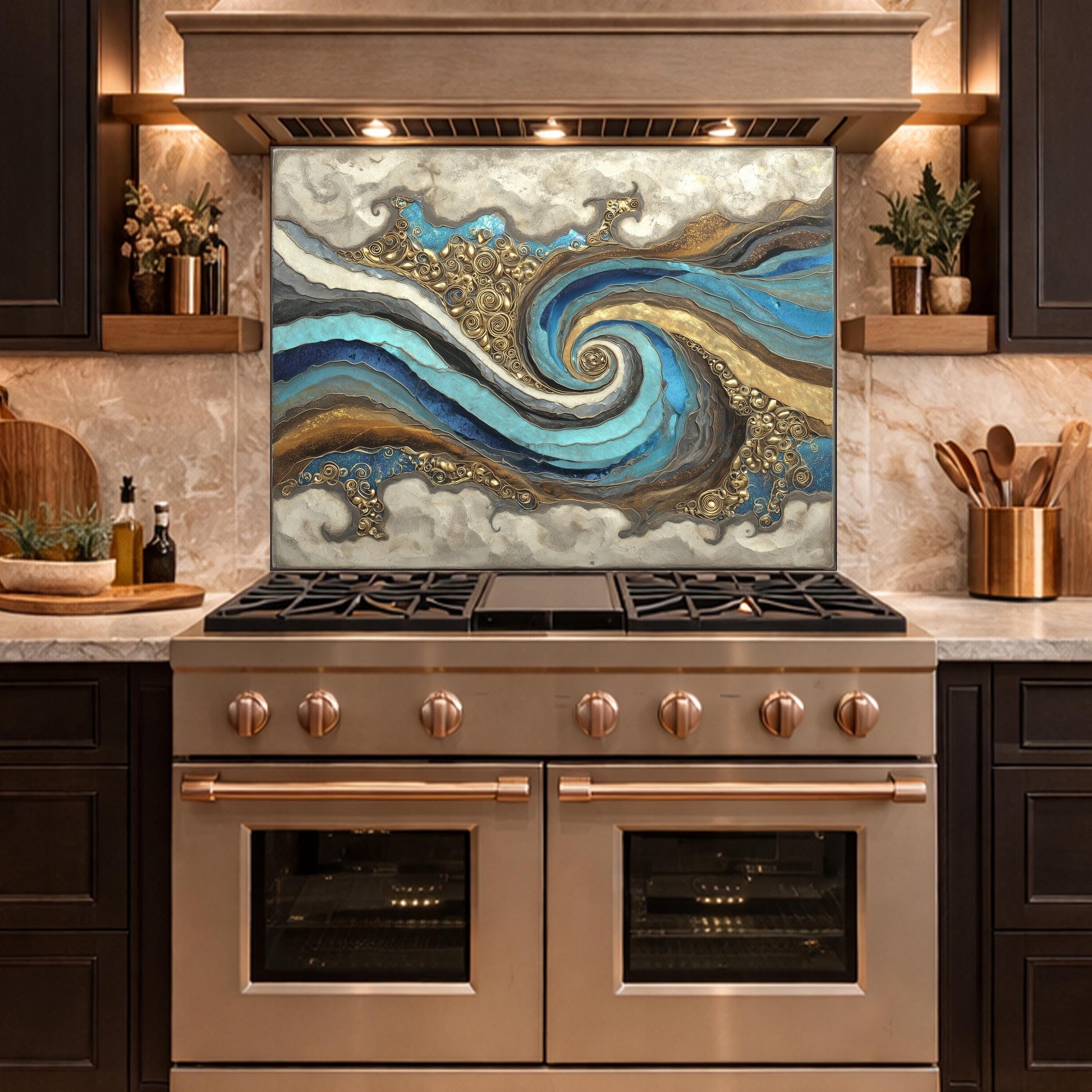 Abstract Marble Wave Tempered Glass Kitchen Backsplash, Blue Gold Swirl Art Stove Guard