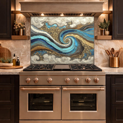 Abstract Marble Wave Tempered Glass Kitchen Backsplash, Blue Gold Swirl Art Stove Guard