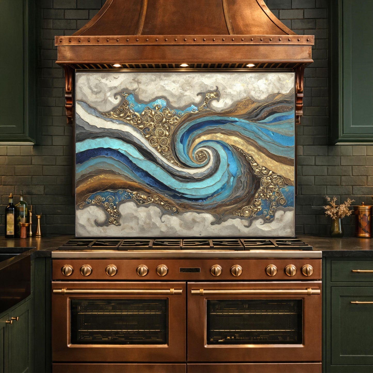 Abstract Marble Wave Tempered Glass Kitchen Backsplash, Blue Gold Swirl Art Stove Guard