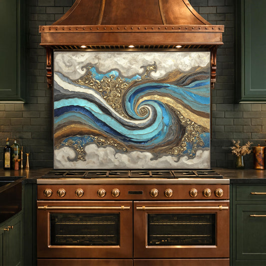 Abstract Marble Wave Tempered Glass Kitchen Backsplash, Blue Gold Swirl Art Stove Guard