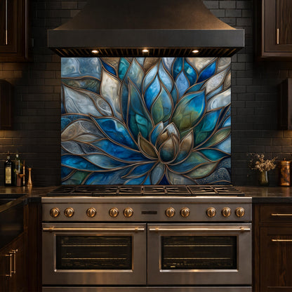 Blue Lotus Flower Tempered Glass Kitchen Backsplash, Stained Glass Mosaic Art Panel
