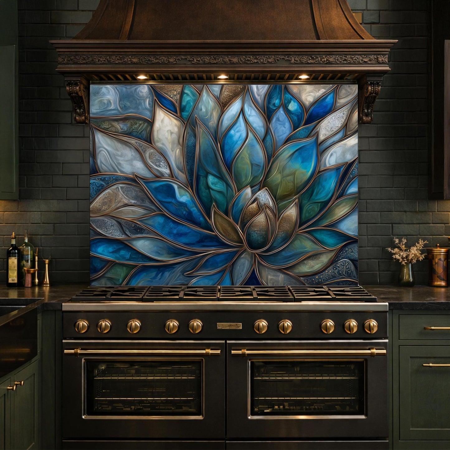 Blue Lotus Flower Tempered Glass Kitchen Backsplash, Stained Glass Mosaic Art Panel