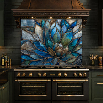 Blue Lotus Flower Tempered Glass Kitchen Backsplash, Stained Glass Mosaic Art Panel