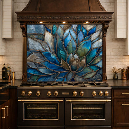 Blue Lotus Flower Tempered Glass Kitchen Backsplash, Stained Glass Mosaic Art Panel