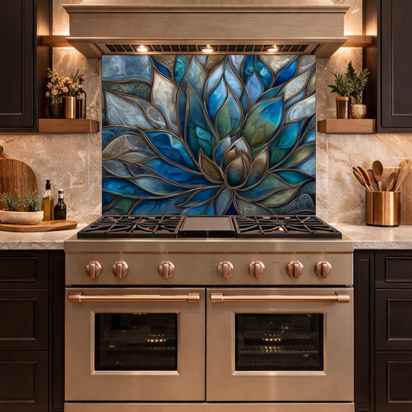 Blue Lotus Flower Tempered Glass Kitchen Backsplash, Stained Glass Mosaic Art Panel