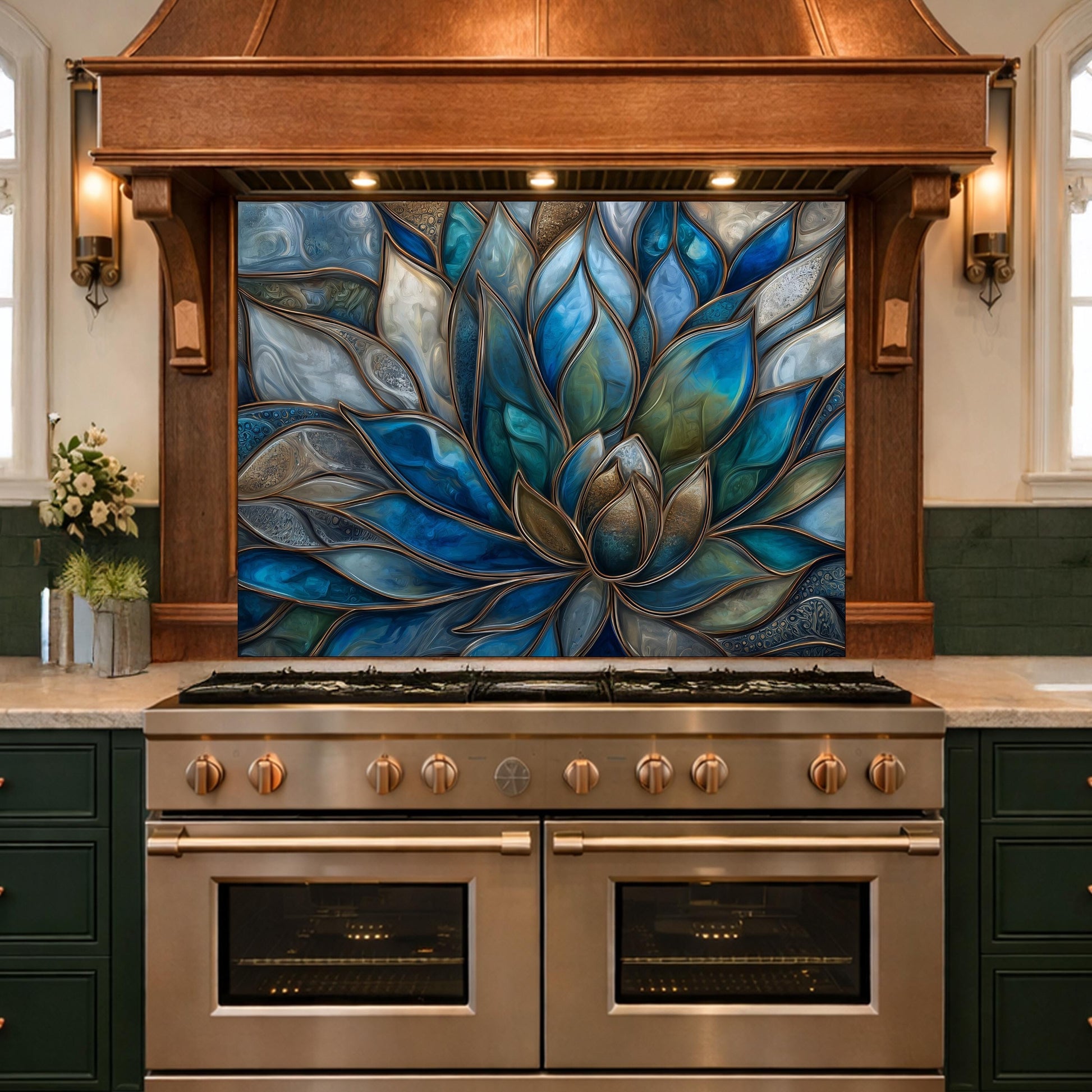Blue Lotus Flower Tempered Glass Kitchen Backsplash, Stained Glass Mosaic Art Panel