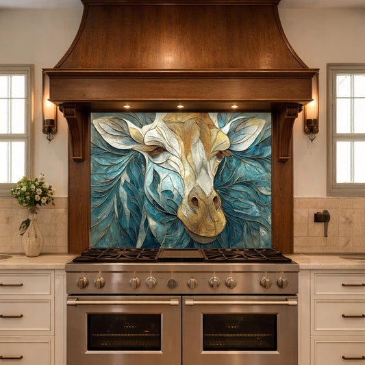 Tempered Glass Giraffe Kitchen Backsplash Panel – Teal Gold Safari Animal Stove Art